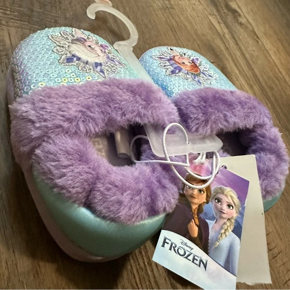 NEW!! Disney Frozen Slippers, Toddler Girl's, Non-Slip, Sparkle, Faux Fur, 5/6